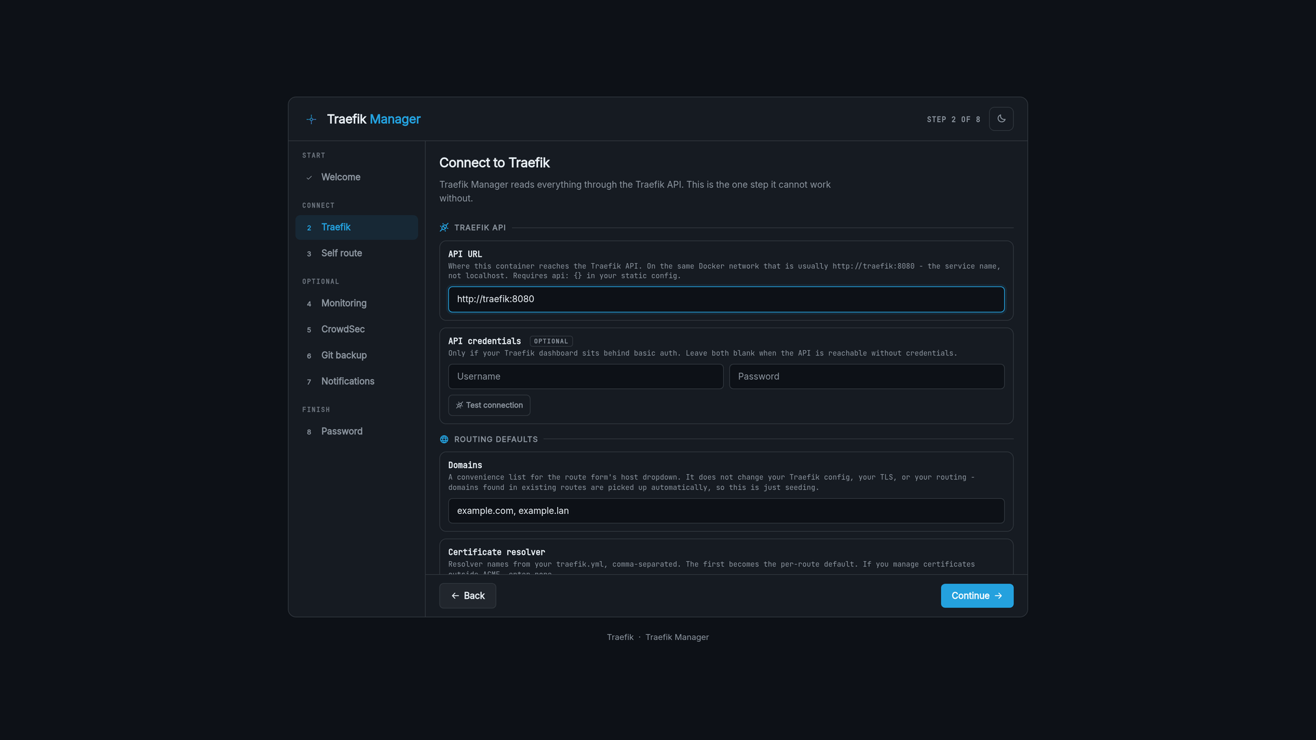 Setup wizard Traefik connection