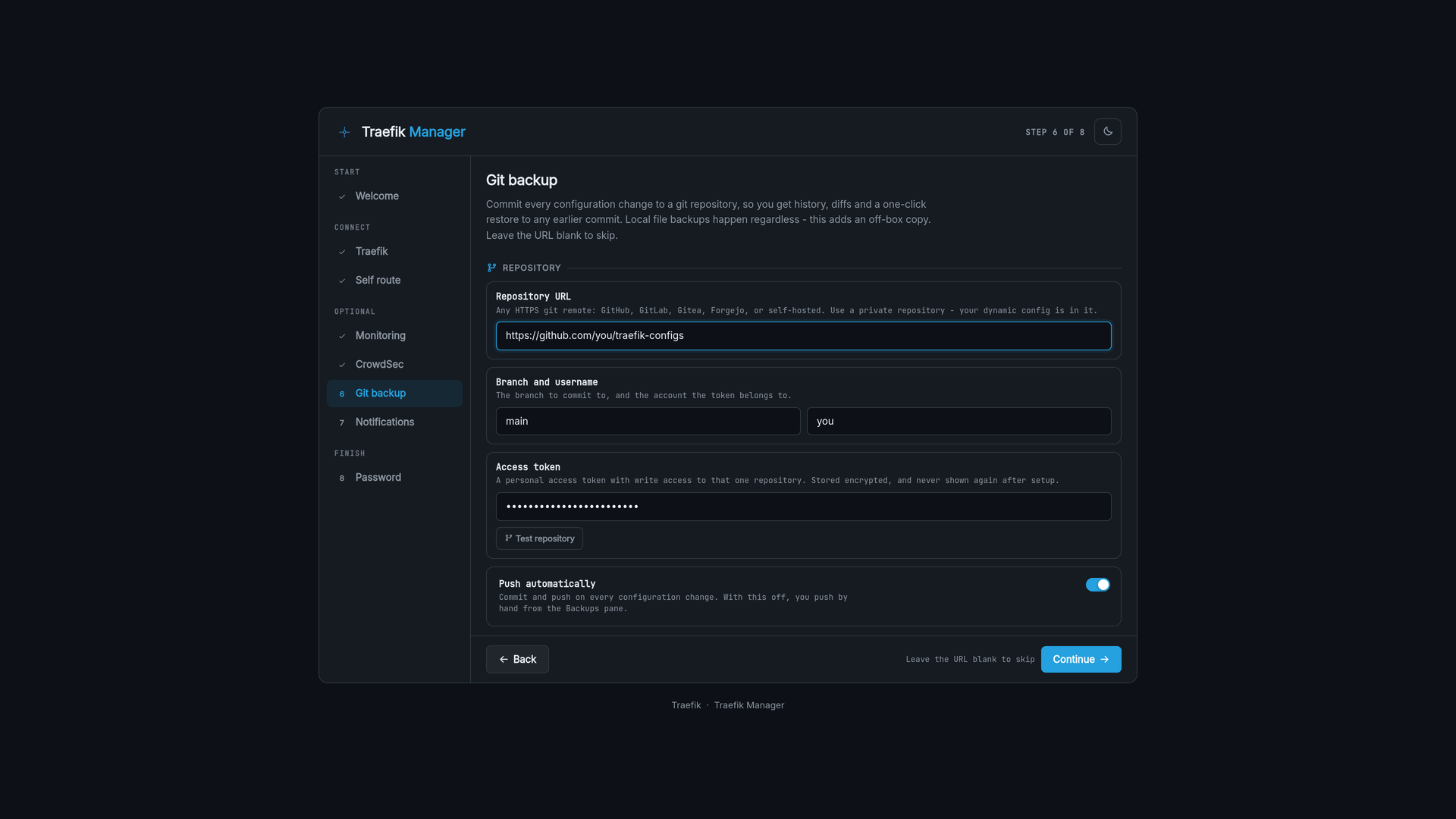 Setup wizard git backup
