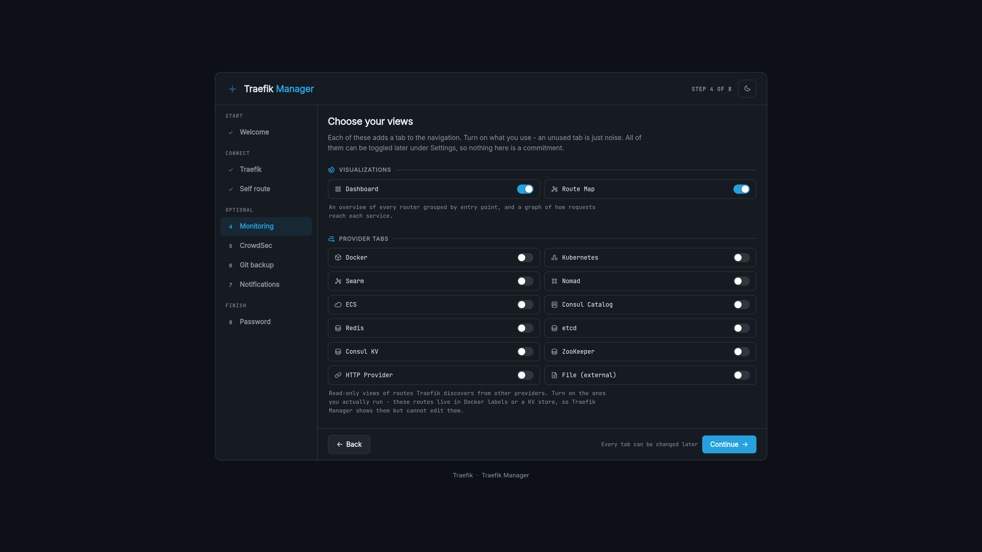 Setup wizard monitoring tabs