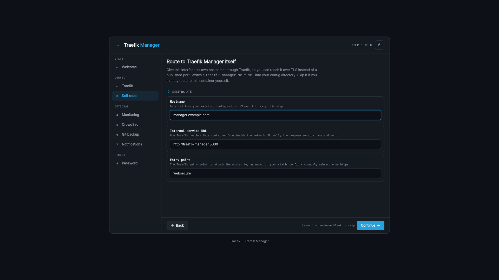 Setup wizard self route