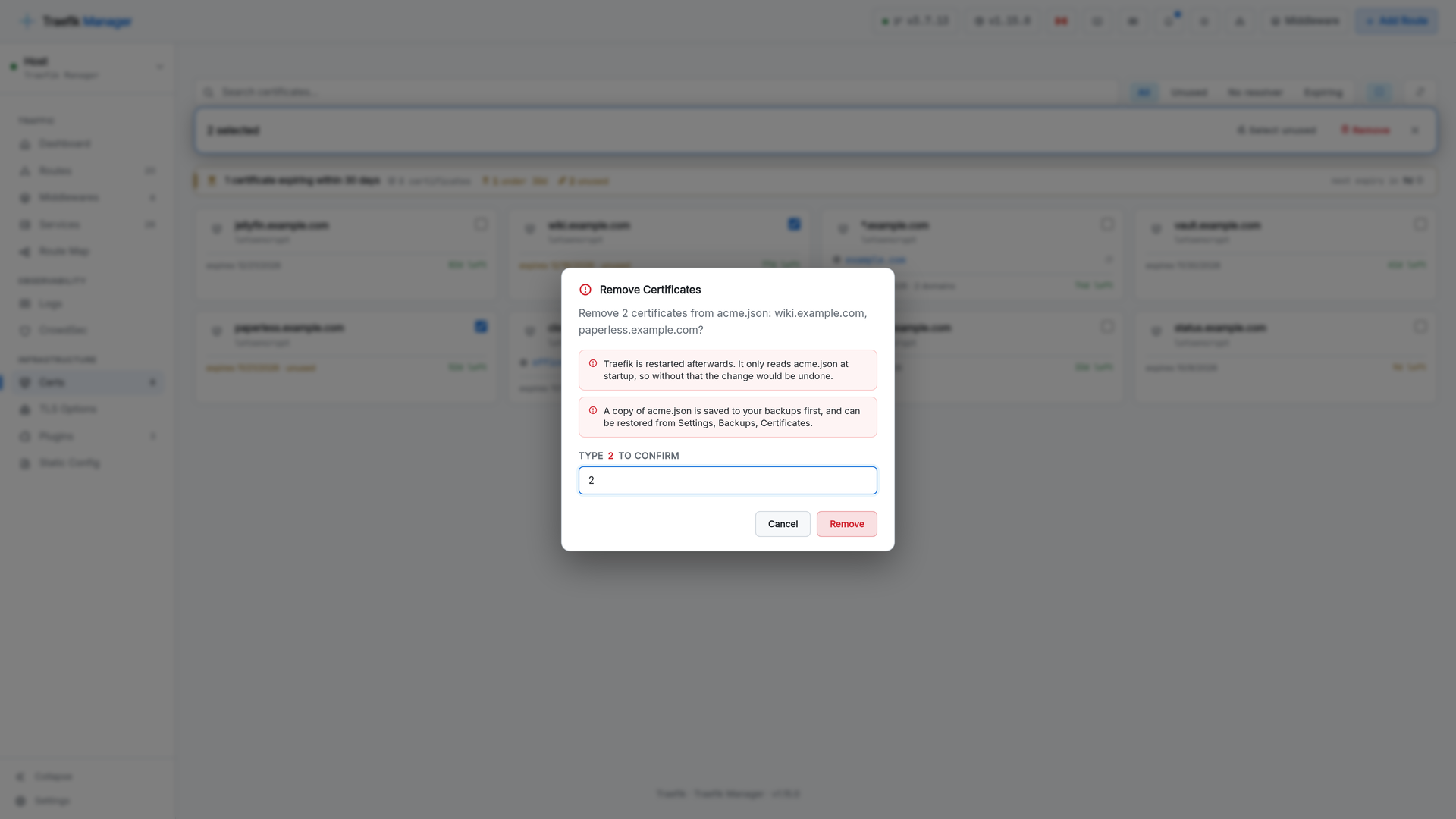 Confirming certificate removal