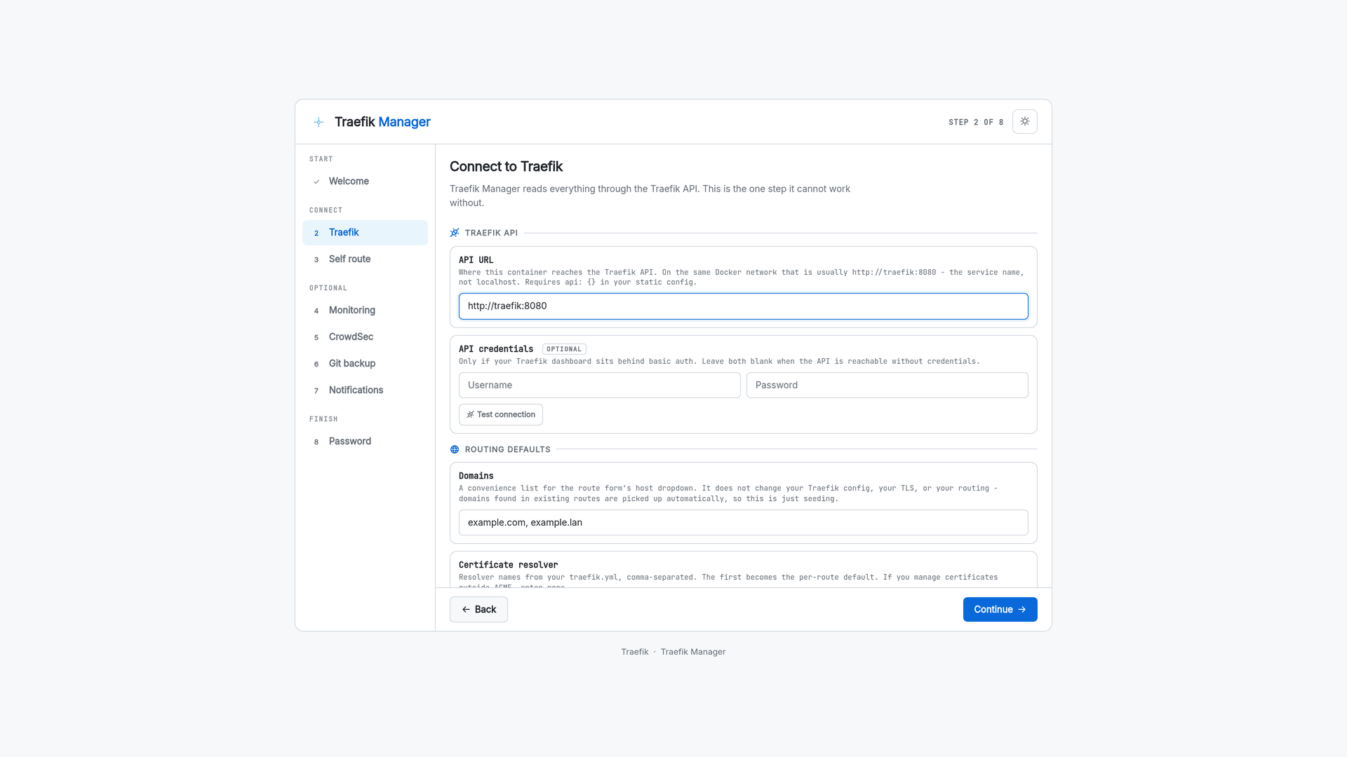 Setup wizard Traefik connection