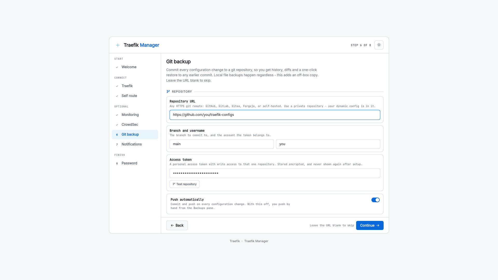 Setup wizard git backup