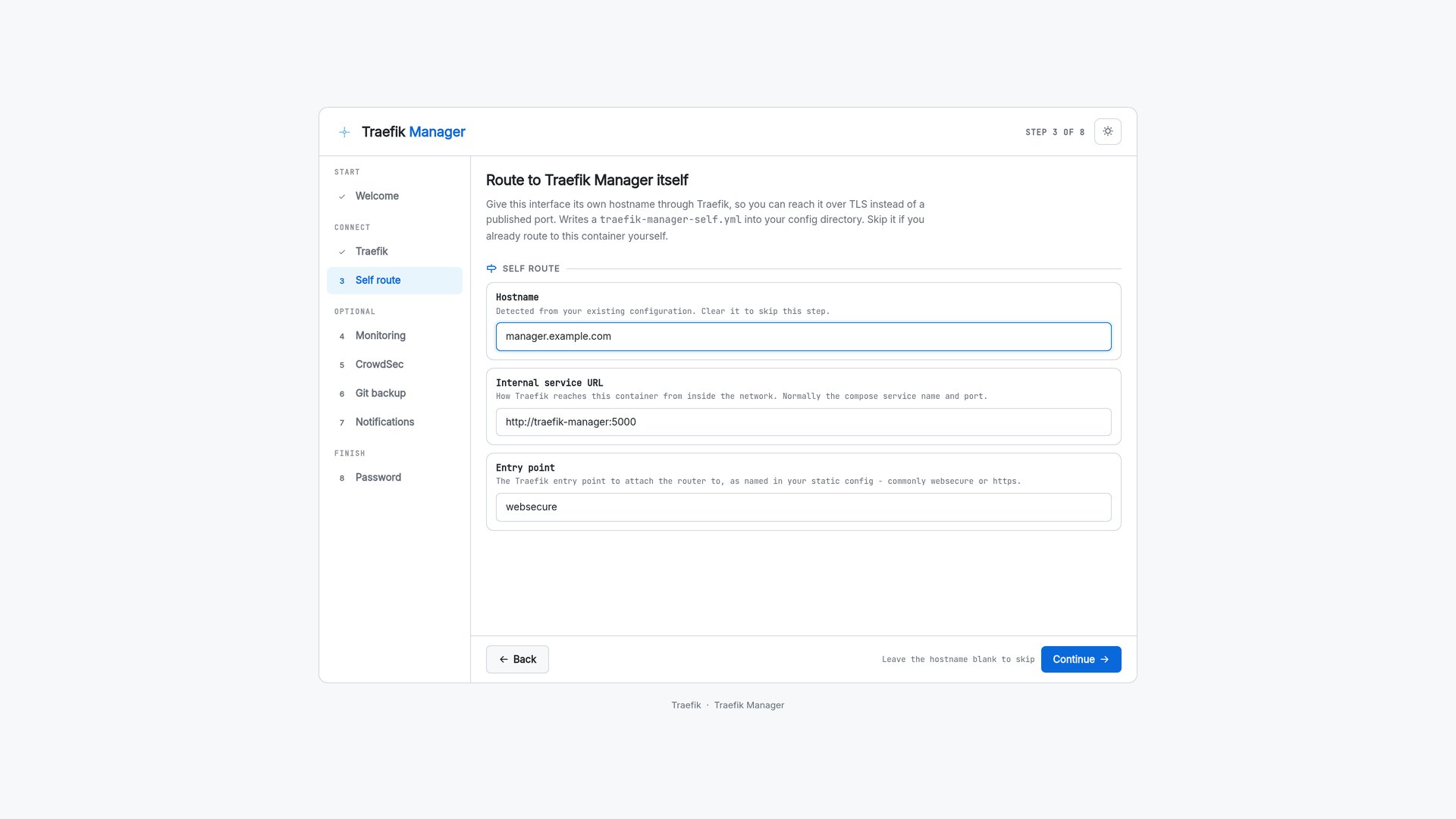 Setup wizard self route